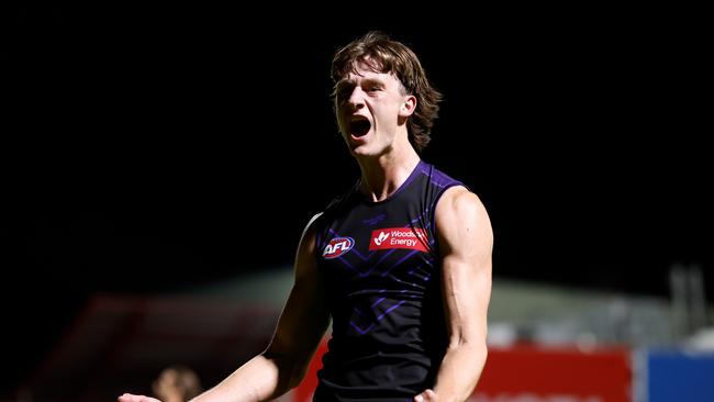 Jye Amiss celebrates a late goal for the Dockers. Picture: Michael Willson/AFL Photos via Getty Images