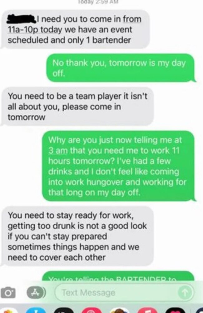 A bartender’s text exchange with his boss has gone viral. Picture: Reddit