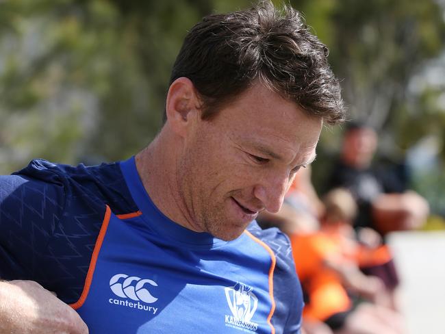 Harvey puts on a brave face at training. Picture: Wayne Ludbey