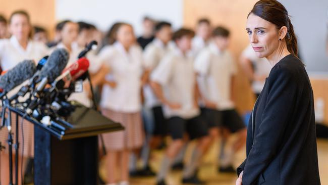 “I am sad”, was Ms Ardern’s simple reply when asked by a student how she was feeling in the wake of the terror attack. Picture: Kai Schwoerer/Getty