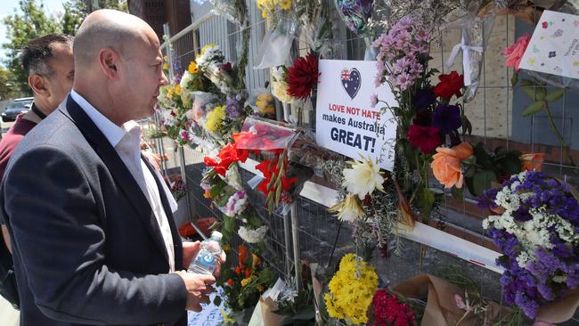 Josh Frydenberg takes part in the vigil held by the Jewish community and supporters near the Adass Israel Synagogue that was firebombed. Picture: David Crosling