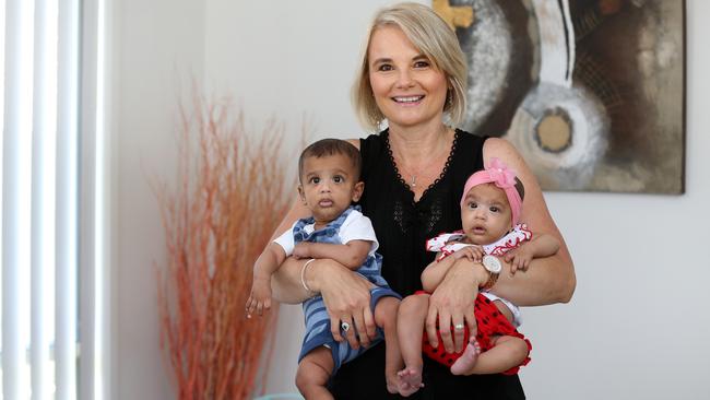 Milla Franchuk with her 18-week-old twins Jaxon and Galina. Picture: Tara Croser