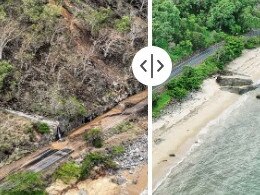 Photos show the extent of Ex-Tropical Cyclone Jasper including this during and after picture of the Captain Cook Highway which remains open to only one lane to Port Douglas.