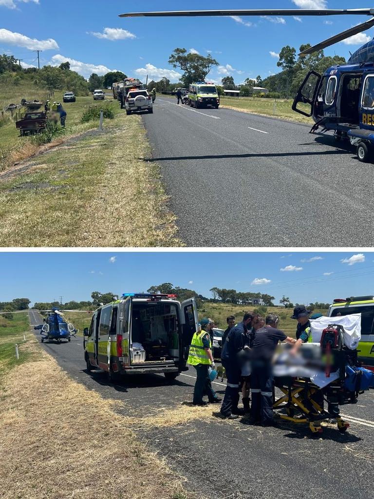 A woman aged in her 80s was flown to Toowoomba Hospital with a shoulder injury after single-vehicle rollover west of the region. Photo: LifeFlight