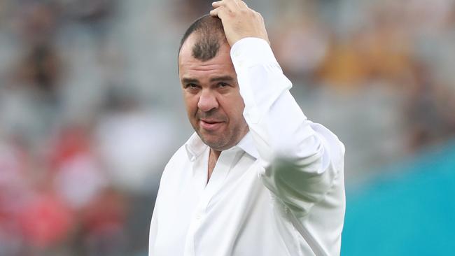 Wallaby coach Michael Chieks is pulling his hair out over the officiating at the Rugby World Cup in Japan. Picture: David Rogers/Getty Images