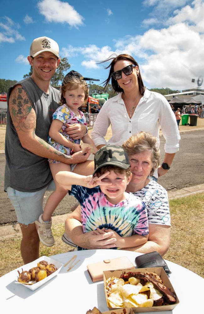 Josh and Harlow Telford, Chloe Waugh and (front) Hux Telford and Rhonda Stark at Meatstock - Music, Barbecue and Camping Festival at Toowoomba Showgrounds, Sunday, March 10th, 2024. Picture: Bev Lacey