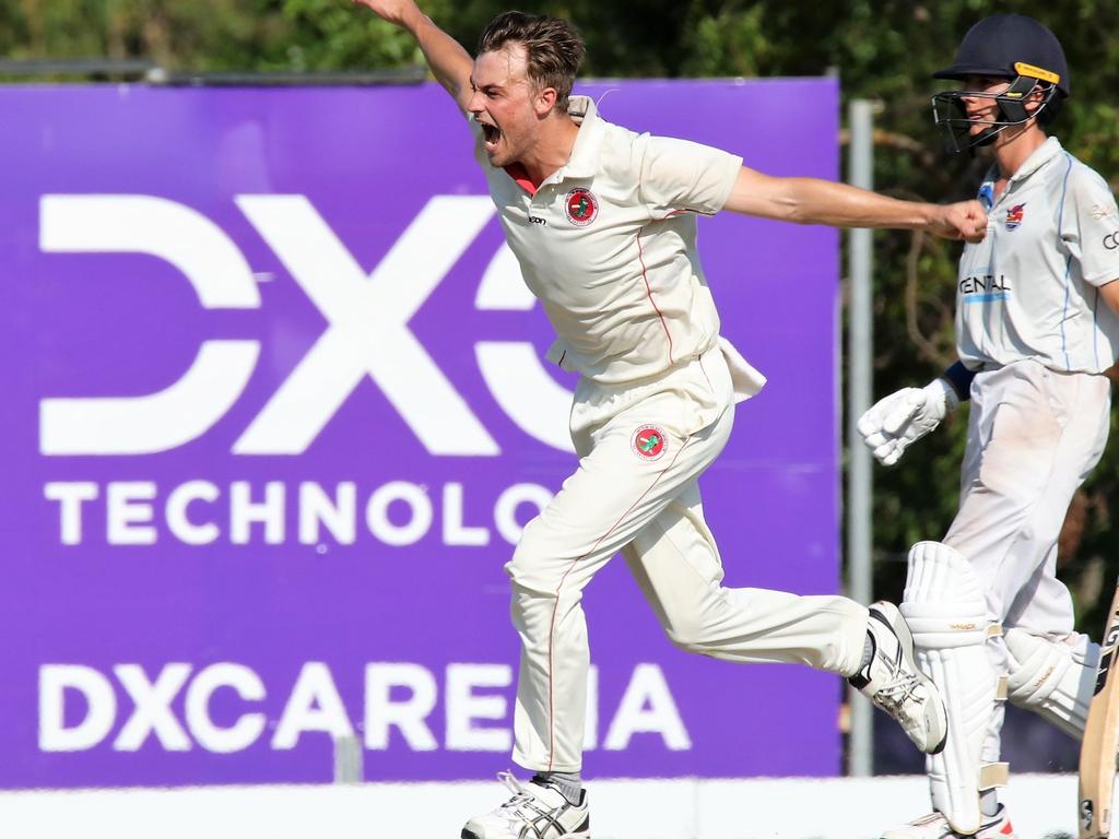 Xavier Crone celebrates a wicket in the grand final. Picture: Roz Lavercombe.