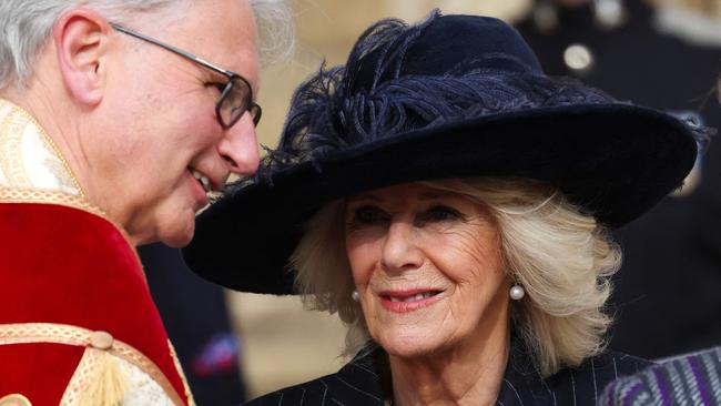 Britain's Queen Camilla arrives to attend a thanksgiving service for the life of King Constantine of the Hellenes, at St George's Chapel at Windsor Castle on February 27, 2024. Picture: Chris Jackson / POOL / AFP