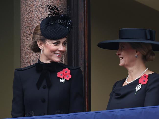 LONDON, ENGLAND - NOVEMBER 10: Catherine Princess of Wales and Sophie, Duchess of Edinburgh smile as they stand from the balcony during the National Service of Remembrance at The Cenotaph on November 10, 2024 in London, England.  Each year members of the British Royal Family join politicians, veterans and members of the public to remember those who have died in combat. (Photo by Chris Jackson/Getty Images)