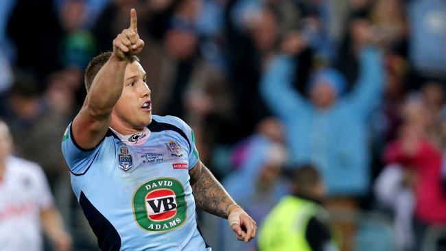 Trent Hodkinson celebrates his try to win the 2014 State of Origin series at ANZ Stadium. Picture: Gregg Porteous