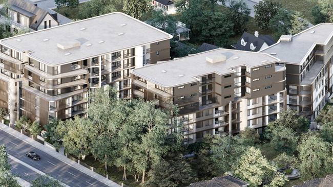 An artist's impression of apartment blocks in the proposed $71 million redevelopment at Frenchs Forest, opposite Northern Beaches Hospital. Picture: BMHP Architecture