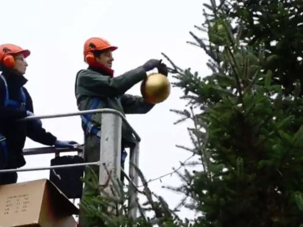 Workers put the massive baubles on the massive tree at Kensington Palace. Picture: Twitter