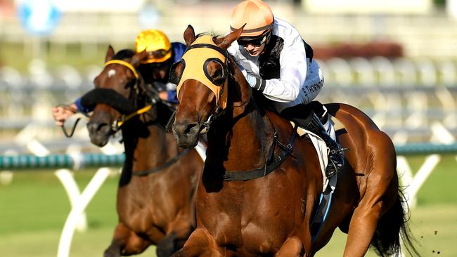 Jockey Stephanie Thornton rides Star Of Michelin to victory in race 7, the QTIS 3YO Handicap, during Saturday Raceday at Eagle Farm Racecourse in Brisbane, Saturday, March 21, 2020. (AAP Image/Albert Perez) NO ARCHIVING, EDITORIAL USE ONLY