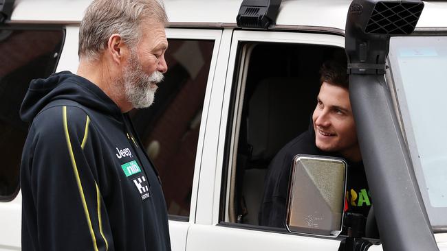 Richmond footy club preparing to leave the State. 27/05/2021 . . Football manager Neil Balme chats with Liam Baker. . Pic: Michael Klein