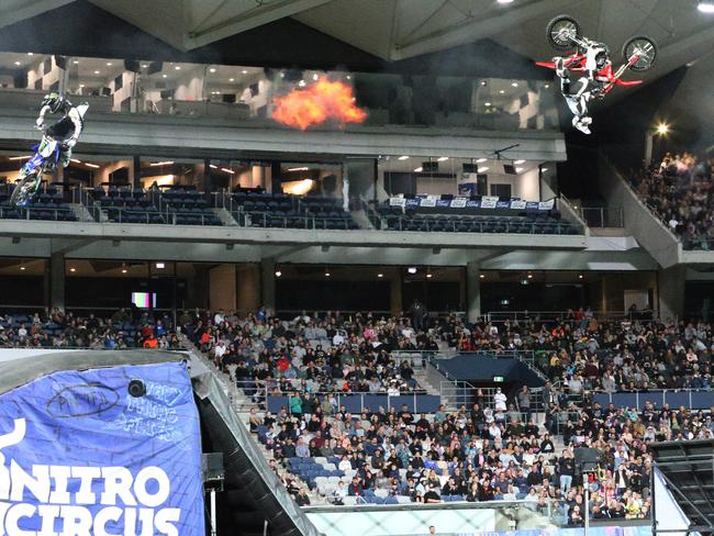 Nitro Circus at Kardinia Park on March 7, 2022. Stunts, crowd reactions, fireworks, plenty of colour. Picture: Mark Wilson