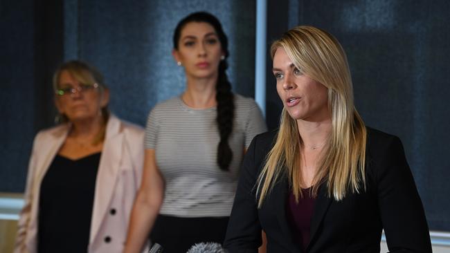 Blackburn family lawyer Kristy Bell, watched by Shandee’s mother Vicki and sister Shannah. Picture: Lyndon Mechielsen