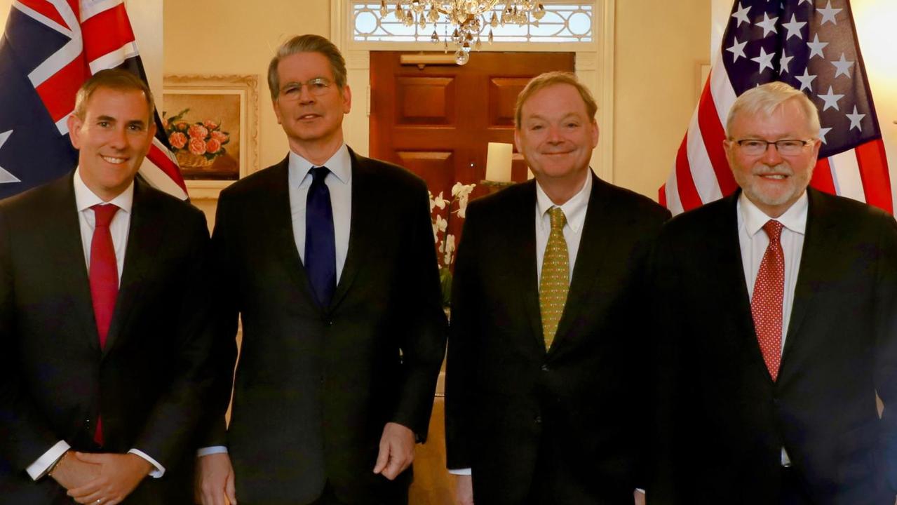 Treasurer Jim Chalmers meets with US Secretary of the Treasury, Scott Bessent and National Economic Council Director Kevin Hassett, and Kevin Rudd in Washington DC. Picture: Supplied