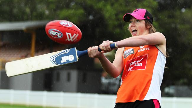 GWS Giants AFLW number one draft pick Jodie Hicks who will also play WBBL for the Sydney Sixers this season, at Drummoyne Oval Sydney. Picture: Brett Costello
