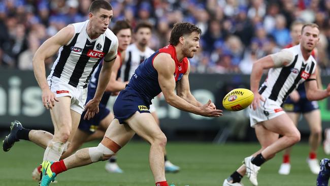 Jack Viney’s Melbourne side scored a four-point win last time these sides met. Picture: Michael Klein