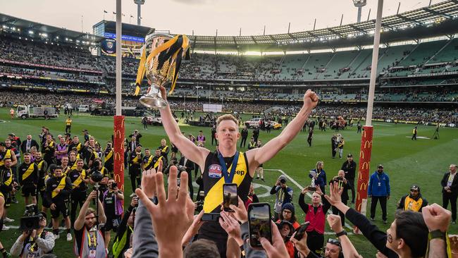 Jack Riewoldt brings the Premiership Cup to the Tiger army. Picture: Jason Edwards