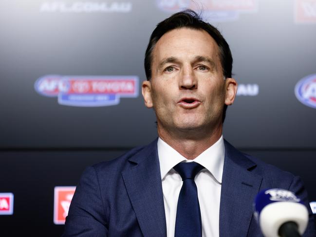 MELBOURNE, AUSTRALIA - MAY 01: Incoming CEO Andrew Dillon speaks with media during the AFL CEO Announcement at Marvel Stadium on May 01, 2023 in Melbourne, Australia. (Photo by Michael Willson/AFL Photos via Getty Images)