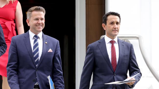 Queensland Deputy Premier Jarrod Bleijie and Premier David Crisafulli at the swearing-in ceremony in Brisbane on Friday. Picture: Steve Pohlner