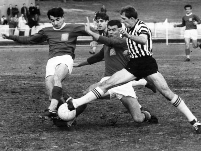 Socceroo Steve Herczeg, right, challenged by Croatia defenders Frank Balter and Peter Basic in a 1968 match.