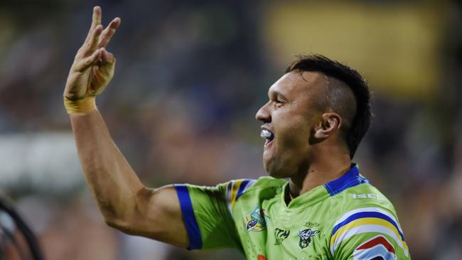 Jordan Rapana celebrates after scoring his forth try against the Wests Tigers. Picture: AAP