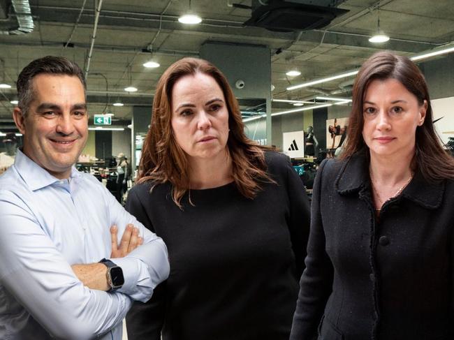 Super Retail Group CEO Anthony Heraghty (L) and former executives and whistleblowers Rebecca Farrell (C) and Amelia Berczelly (R)