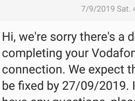 A screenshot of a text sent to a Vodafone NBN customer following a missed appointment.