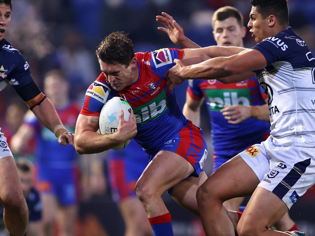 Connor Watson crashes over for a try against the Cowboys. Picture: Ashley Feder / Getty Images