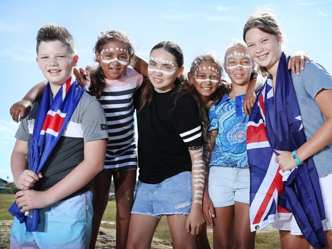 Pictured at La Perouse in Sydney ahead of 2021 Australia Day is William Hyde, Gianna Singh , Tahlia Brown Sait, Zara Singh, Latarley Brown Yeo and Charlotte Hyde Picture: Richard Dobson