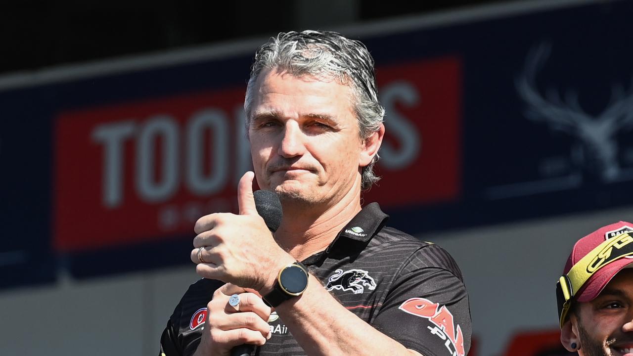 SYDNEY - OCTOBER 3, 2022. Penrith Panthers coach Ivan Cleary gives the thumbs up at the fan meet at BlueBet Stadium after winning the 2022 NRL Premiership against Parramatta. Picture: Jeremy Piper