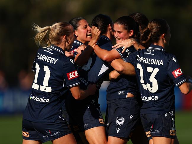 MELBOURNE, AUSTRALIA - MAY 10: Rachel Lowe of the Victory (C) celebrates a goal during the Second Leg of the A-League Women's Semi Final between Melbourne Victory and Adelaide United at Home of the Matildas on May 10, 2025 in Melbourne, Australia. (Photo by Graham Denholm/Getty Images)