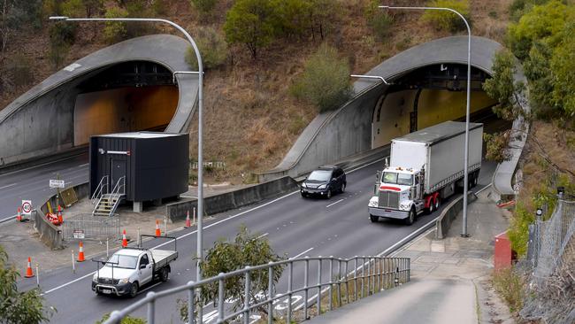 A truck heads through The Heysen Tunnels on the South Eastern Freeway. Picture: NewsWire / Roy VanDerVegt