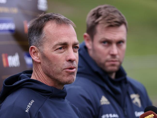 Alastair Clarkson and Sam Mitchell press conference announcing that Clarkson will step aside of the end of the 2021 season making way for Mitchell to take over.  29/07/2021.      .  Pic: Michael Klein