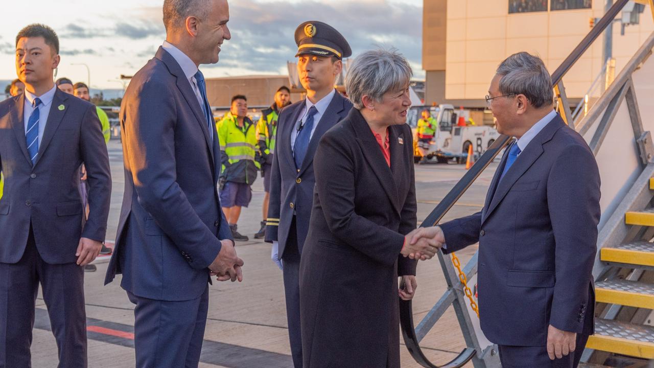 Peter Malinauskas and Penny Wong welcome Chinese Premier Li Qiang in Adelaide. Picture:  NewsWire / Ben Clark