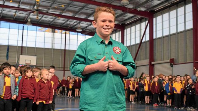 SMALL BUT MIGHTY: Jack Berne visited students at Chinchilla State School to talk about what prompted him to create the national fundraising campaign "Fiver for a Farmer" and help support Australia's drought-affected farmers doing it tough. Picture: Kate McCormack