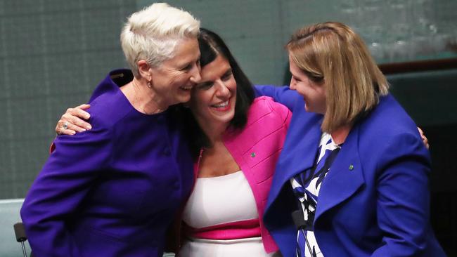 Dr Kerryn Phelps (left) celebrates the passing of the Medivac Bill with Julia Banks (middle) and Rebekha Sharkie in February. Picture: Gary Ramage