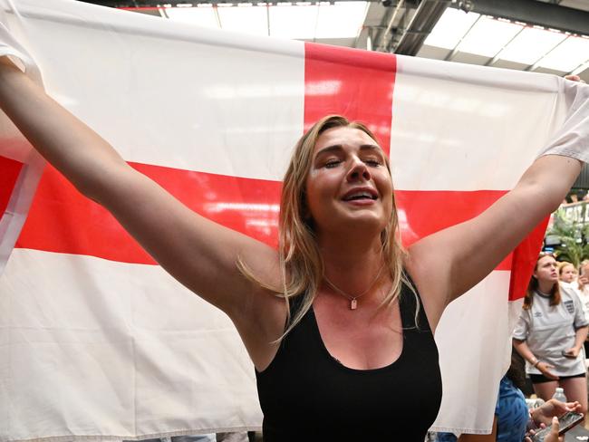 LONDON, ENGLAND - AUGUST 16: England fan reacts as they score during the FIFA Women's World Cup Australia & New Zealand 2023 Semi Final match between England and Australia, at Boxpark Wembley on August 16, 2023 in London, England. (Photo by Leon Neal/Getty Images)