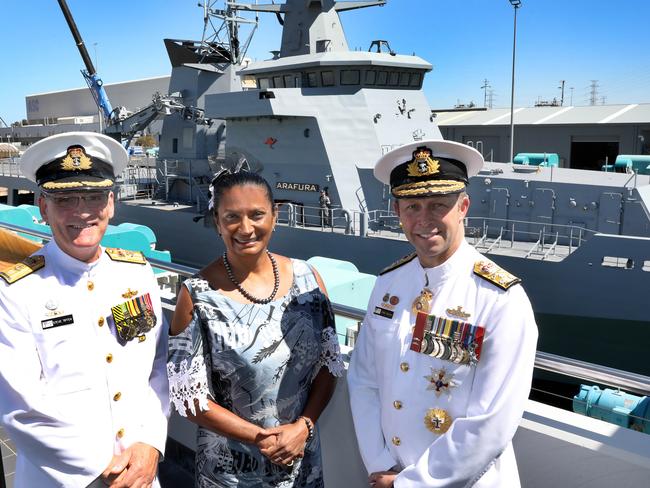 At ASC Osborne, the official launch of OPV Arafura. (LtoR) Commodore SteveTiffen, currently the Director General Naval Construction, with Nova Peris OAM and Vice Admiral Michael Noonan, Chief of Navy Australia.16 December 2021. Picture Dean Martin