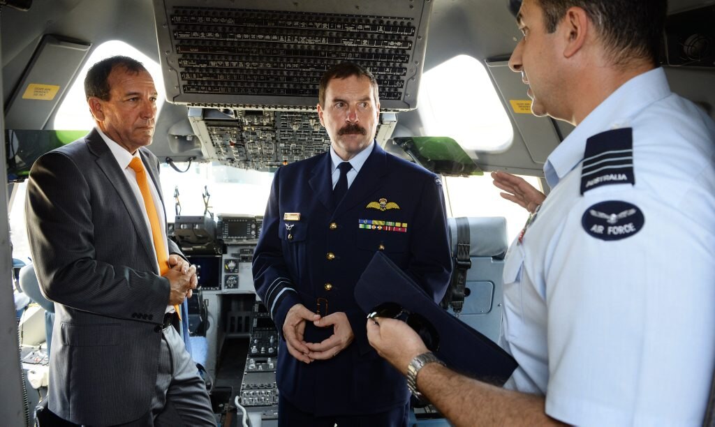 Chief of Air Force Leo Davies and MP Mal Brough in the latest and last C-17 aircraft to join the current fleet at RAAF Base Amberley on Wednesday. Photo: Rob Williams / The Queensland Times. Picture: Rob Williams