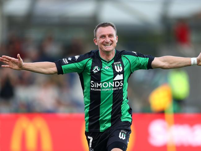 BALLARAT, AUSTRALIA - FEBRUARY 20: Besart Berisha of Western United celebrates after scoring a goal during the A-League match between Western United and Macarthur FC at Mars Stadium, on February 20, 2021, in Ballarat, Australia. (Photo by Robert Cianflone/Getty Images)