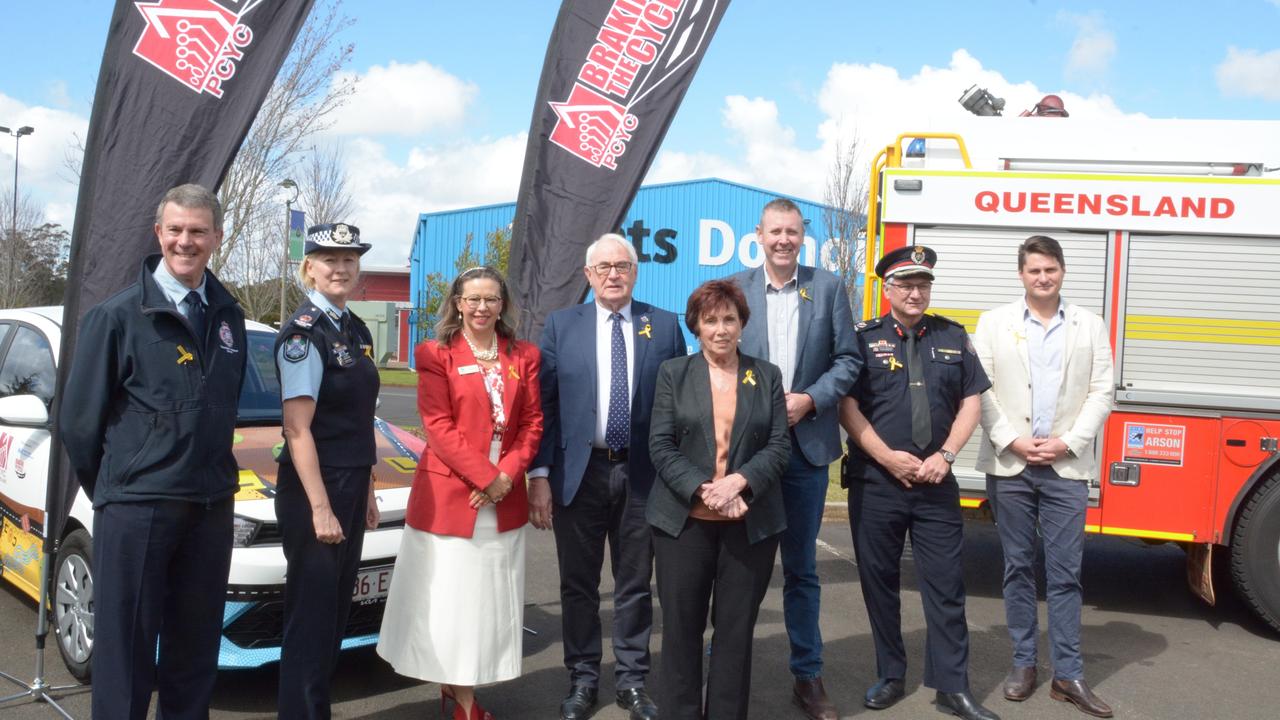 Promoting road safety are (from left) QAS Executive Manager of Operations Glen Maule, QPS Southern Region Assistant Commissioner Charysse Pond, Toowoomba councilors Melissa Taylor, Paul Antonio and Carol Taylor, Groom MP Garth Hamilton, QFES Western Region Assistant Commissioner David Hermann and Toowoomba Councilor Tim McMahon.