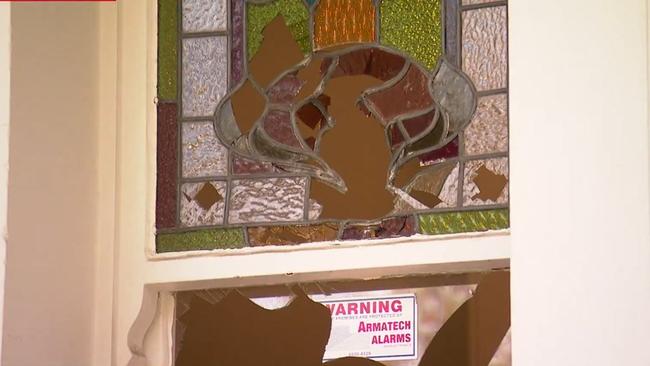 The historic North Adelaide home of a prominent hospitality figure was left with multiple smashed windows. Picture: 9News