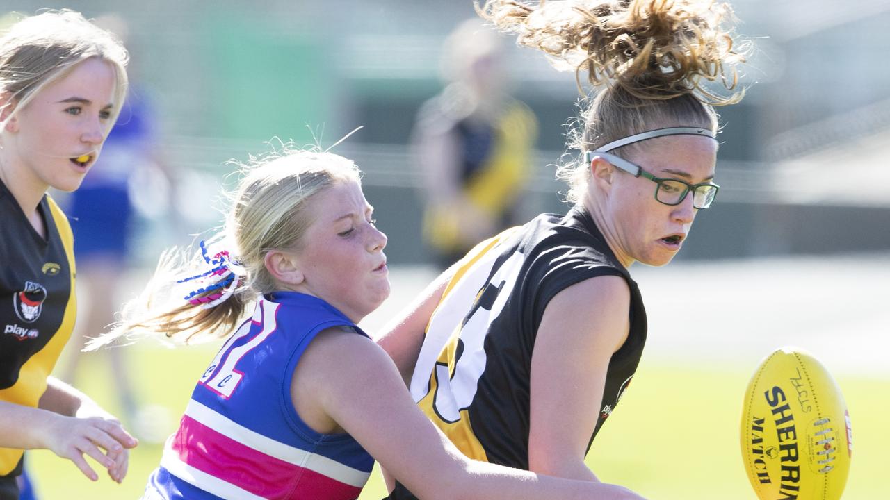 STJFL U14 A1, Claremont peyton Webster and Kingborough Addison Broadbent at North Hobart. Picture: Chris Kidd