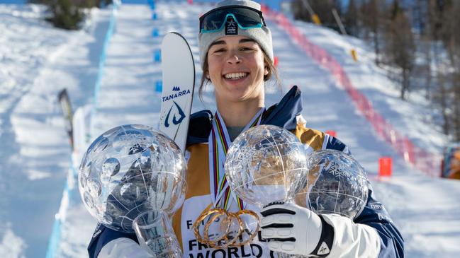 Australian moguls skier Jakara Anthony with her haul after a record-breaking World Cup campaign in 2023-24. Pic: Supplied (OWIA, Chris Hocking)