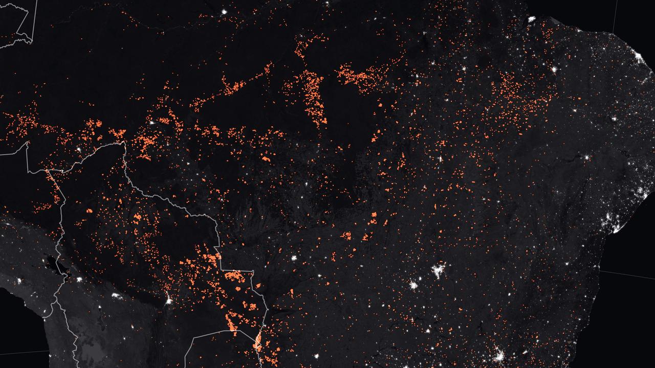 NASA Earth Observatory map shows active fire detections in South America, including Brazil, Bolivia, Peru, Paraguay, Ecuador, Uruguay and northern Argentina last year.