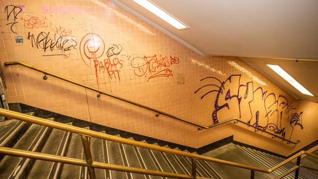 Graffiti in the Degraves St subway. Picture: Jason Edwards