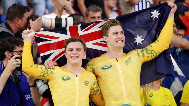 Silver medallist Matthew Richardson and Bronze medallist Matthew Glaetzer celebrate after the men's keirin in Paris. Picture: Jared C. Tilton/Getty Images